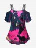 Plus Size Wizard Cat Tree Fire Flame Print Halloween Cold Shoulder Cami T-shirt -  