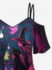 T-shirt grande taille à épaules dénudées avec imprimé arbre à chat, feu et flammes pour Halloween - Noir 3X