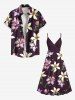 Plus Size Two Tone Flower Leaf Branch Print Hawaii Surplice A Line Cami Dress -  