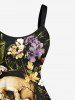 Plus Size Skull Flower Leaf Print Hawaii A Line Tank Dress -  