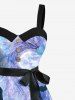 Robe trapèze d'Halloween grande taille, style rétro médiéval, motif chauve-souris, pilier, lune, vortex sous-marin, avec ceinture amovible - Bleu Ciel 1X