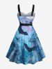 Robe trapèze d'Halloween grande taille, style rétro médiéval, motif chauve-souris, pilier, lune, vortex sous-marin, avec ceinture amovible - Bleu Ciel 1X