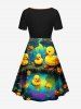 Plus Size Pumpkin Duck Pond Print Halloween Cinched A Line Dress -  