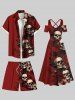 Plus Size Skull Hibiscus Flower Leaf Print Halloween Drawstring Beach Shorts For Men -  