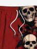 Plus Size Skull Hibiscus Flower Leaf Print Halloween Drawstring Beach Shorts For Men -  