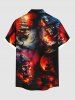 Plus Size Halloween Skull Pirate Sea Waves Ship Fire Flame Print Buttons Pocket Shirt For Men -  