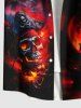 Plus Size Halloween Skull Pirate Sea Waves Ship Fire Flame Print Buttons Pocket Shirt For Men -  