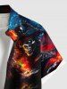 Plus Size Halloween Skull Pirate Sea Waves Ship Fire Flame Print Buttons Pocket Shirt For Men -  