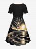 Plus Size Coconut Tree Sunset Sea Waves Print Cinched Hawaii Dress -  