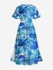 Robe mi-longue hawaïenne fendue grande taille à imprimé tie-dye et fleurs d'hibiscus et cocotiers - Bleu Ciel XS