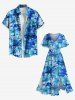 Plus Size Coconut Tree Hibiscus Flowers Tie Dye Print Split Hawaii Midi Dress - Bleu Ciel 4X