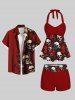 Skull Rose Flower Print Halloween Twist Halter Backless Tankini Swimsuit -  