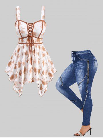 Ombre Flower Graphic Asymmetric Top and 3D Denim Lace Up Print Leggings Plus Size Outfit - WHITE