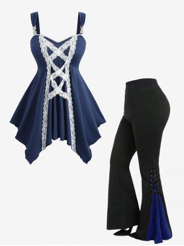 Two Tone Handkerchief Top and Lace Up Contrast Godet Hem Flare Pants Plus Size Outfit - BLUE