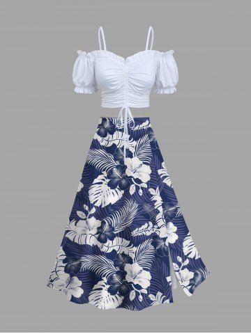 Cinched Solid Ruffles Cropped Top and Tropical Leaf Hibiscus Flower Print Hawaii Split A Line Skirt Plus Size Matching Set - WHITE