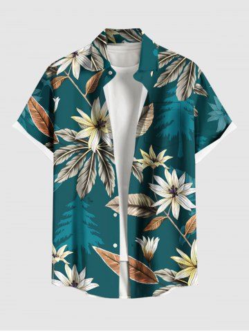 Plus Size Tropical Leaf Flower Tree Print Hawaii Button Pocket Shirt For Men - GREEN - 5XL