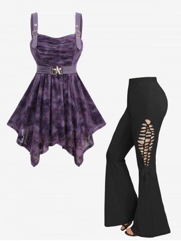 Pine Tree Butterfly Print Tank Top and Rose Lace Braid Hollow Out Flare Pants Plus Size Outfit - PURPLE