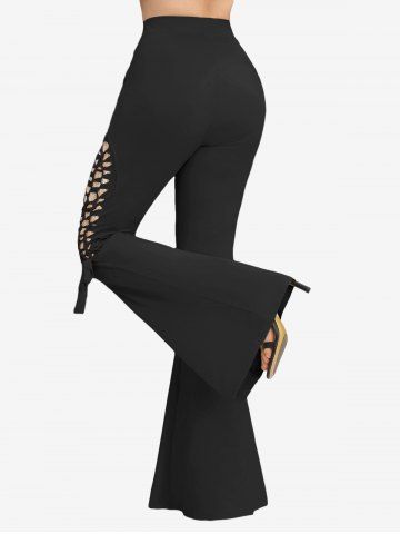 Ruched Chains Panel Silk Waist Tank Top and Rose Lace Braid Hollow Out Flare Pants Plus Size Outfit