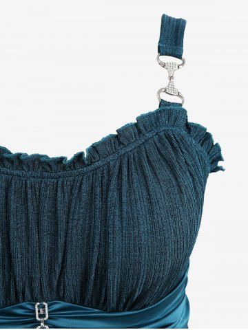 Ruched Chains Panel Silk Waist Tank Top and Rose Lace Braid Hollow Out Flare Pants Plus Size Outfit