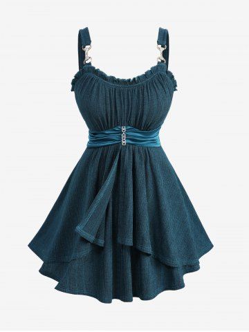 Ruched Chains Panel Silk Waist Tank Top and Rose Lace Braid Hollow Out Flare Pants Plus Size Outfit