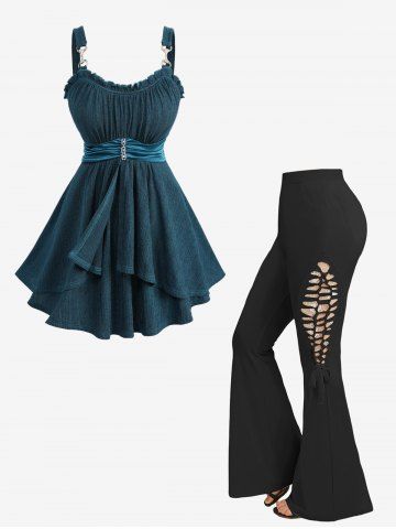 Ruched Chains Panel Silk Waist Tank Top and Rose Lace Braid Hollow Out Flare Pants Plus Size Outfit
