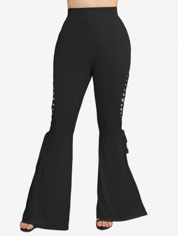 Ruched Chains Panel Silk Waist Tank Top and Rose Lace Braid Hollow Out Flare Pants Plus Size Outfit