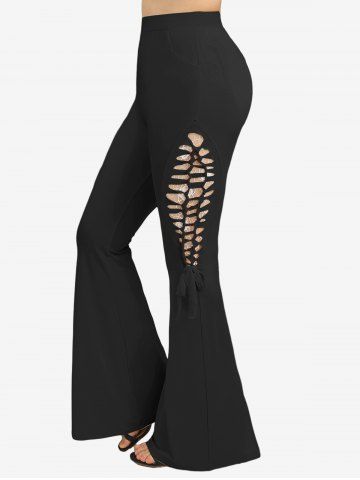 Ruched Chains Panel Silk Waist Tank Top and Rose Lace Braid Hollow Out Flare Pants Plus Size Outfit