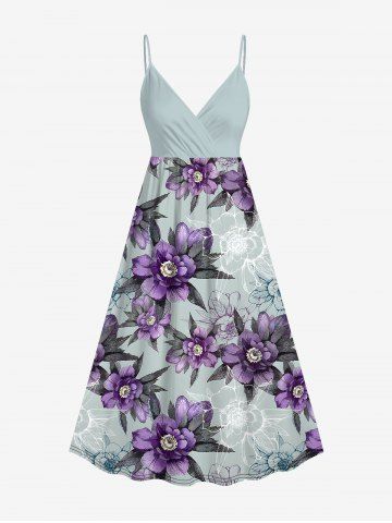 Plus Size Flowers Leaf Print Surplice Hawaii Cami Dress - PURPLE - XXS