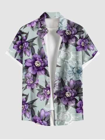 Plus Size Flowers Leaf Print Buttons Pocket Hawaii Shirt For Men - PURPLE - L
