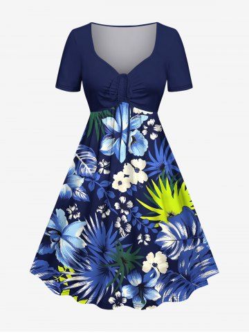 Plus Size Hibiscus Flowers Tropical Leaf Print Cinched Hawaii Dress - SKY BLUE - 4X