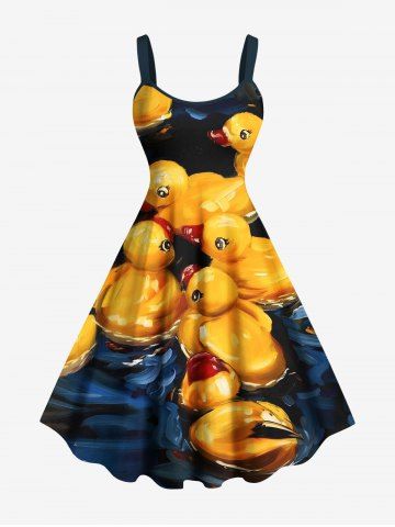 Plus Size Ducks Oil Painting Print Hawaii Tank Dress - YELLOW - XXS