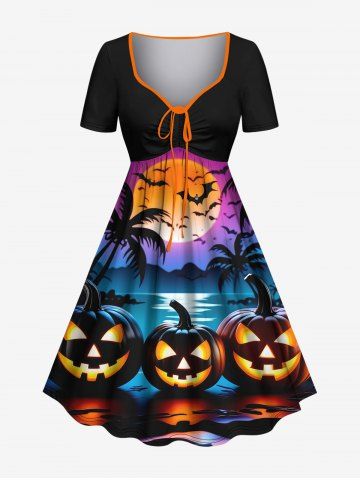 Plus Size Halloween Pumpkin Coconut Tree Moon Bat Print Cinched Dress - BLACK - XXS
