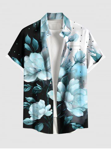 Plus Size Flowers Leaf Ombre Colorblock Print Buttons Pocket Hawaii Shirt For Men - BLACK - 3XL