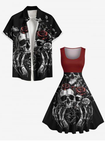 Halloween Skull Skeleton Claw Rose Flowers Print Plus Size Matching Outfit For Couples - RED