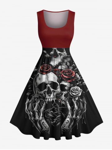 Plus Size Halloween Skull Skeleton Claw Rose Flowers Print 1950s Vintage Dress - RED - XXS