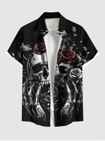 Plus Size Halloween Skull Skeleton Claw Rose Flowers Print Buttons Pocket Shirt For Men - BLACK - XL