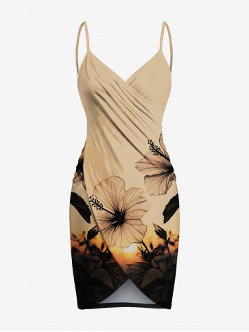 Plus Size Hibiscus Flower Sunset Print Hawaii Convertible Beach Cover Up - LIGHT BROWN - 1X