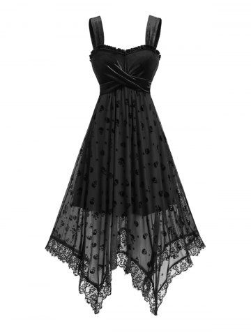 Skull Stars Mesh Flocking Crossover Velvet Asymmetric Patchwork Dress - BLACK - XXXL