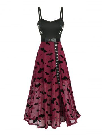 Gothic Bats Moon Star Mesh Flocking Hook and Eye Split A Line Cami Dress with Removable Belt - DEEP RED - S