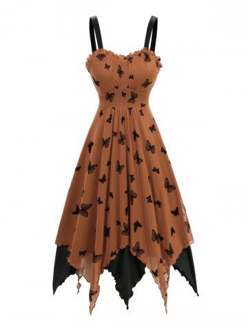 Butterfly Flocking Layered Handkerchief Caimi Dress - COFFEE - M