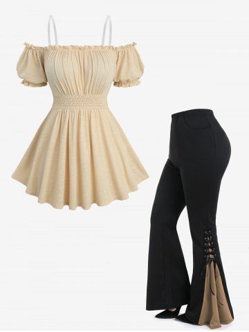 Elastic Waist Ruched Bust Top and Lace Up Contrast Godet Hem Flare Pants Plus Size Outfit