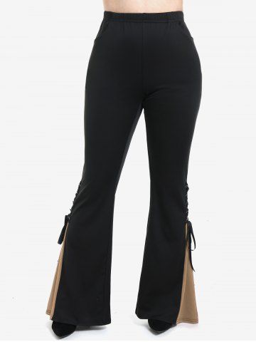 Elastic Waist Ruched Bust Top and Lace Up Contrast Godet Hem Flare Pants Plus Size Outfit
