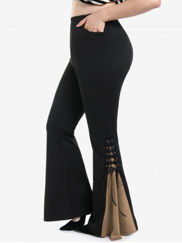 Elastic Waist Ruched Bust Top and Lace Up Contrast Godet Hem Flare Pants Plus Size Outfit