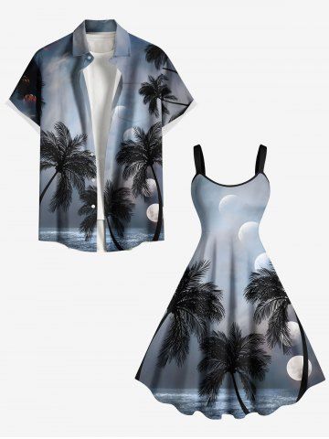 Coconut Tree Sea Moon Ombre Galaxy Print Plus Size Matching Hawaii Beach Outfit For Couples - LIGHT GRAY