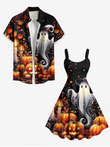 Halloween Pumpkin Lantern Ghost Candle Print Plus Size Matching Outfit For Couples - BLACK