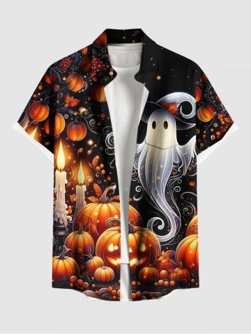 Plus Size Pumpkin Lantern Ghost Candle Print Halloween Button Pocket Shirt For Men - BLACK - 2XL