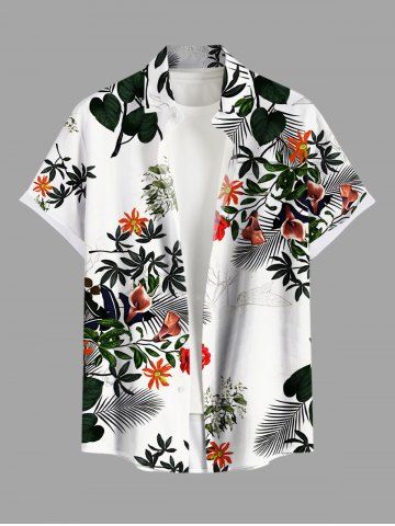 Plus Size Tropical Leaf Flower Branch Print Hawaii Button Pocket Shirt For Men - WHITE - M