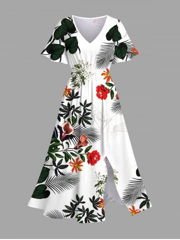 Plus Size Tropical Leaf Flower Branch Print Hawaii Split A Line Midi Dress - WHITE - XS
