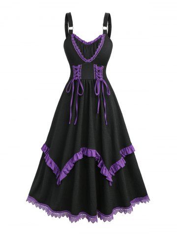 Lace Up Contrast Piping Ruffles Textured Layered A Line Tank Dress - BLACK - XXXL