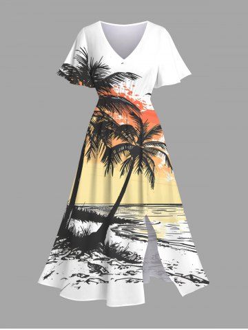 Plus Size Coconut Tree Seascape Bird Ombre Colorblock Print Split Hawaii Midi Dress - WHITE - XS